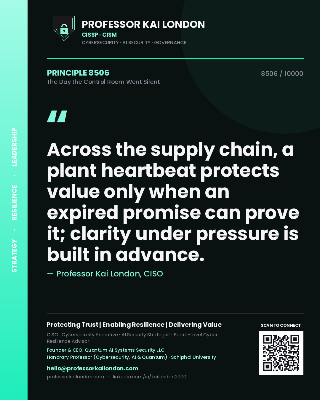 Professor Kai London principle 8506: Across the supply chain, a plant heartbeat protects value only when an expired promise can prove it; clarity under pressure is built in advance.