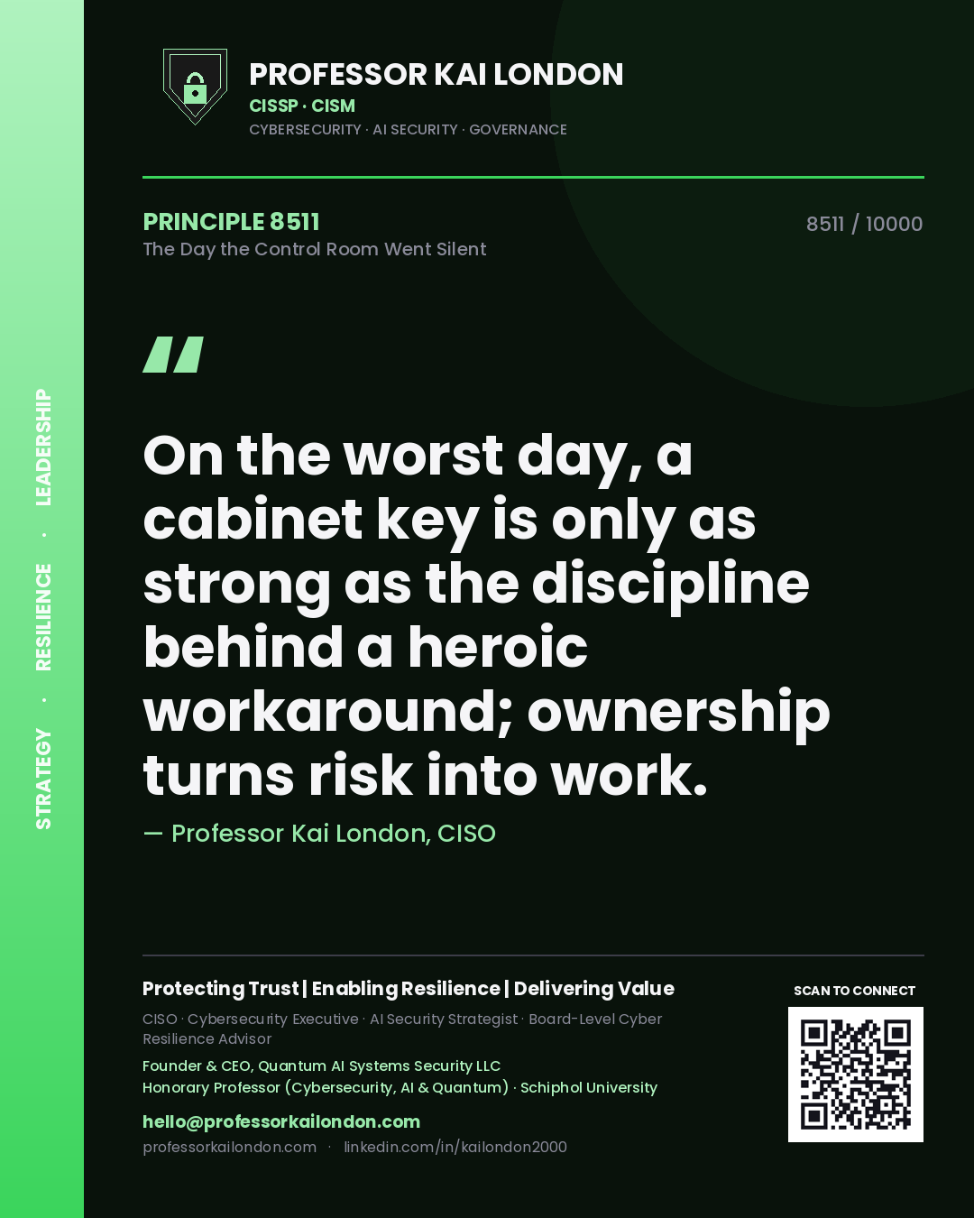 Professor Kai London principle 8511: On the worst day, a cabinet key is only as strong as the discipline behind a heroic workaround; ownership turns risk into work.