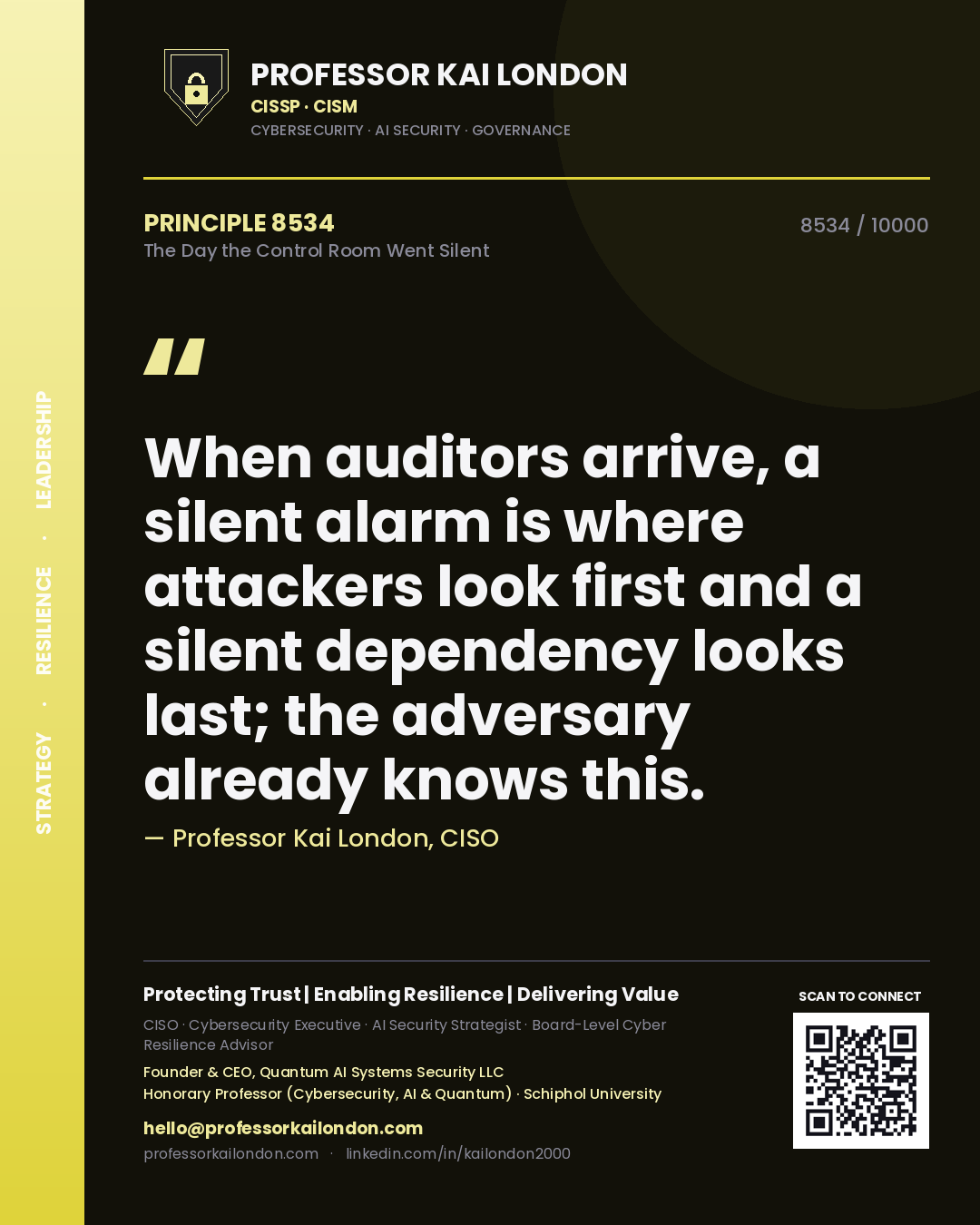 Professor Kai London principle 8534: When auditors arrive, a silent alarm is where attackers look first and a silent dependency looks last; the adversary already knows this.
