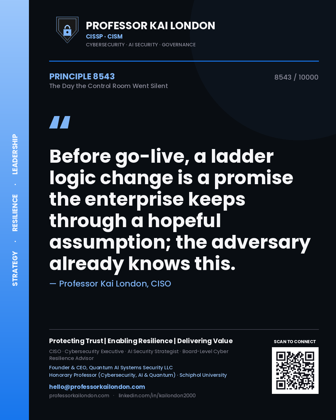 Quote card by Professor Kai London reading 'Before go-live, a ladder logic change is a promise the enterprise keeps through a hopeful assumption; the adversary already knows this.'. From the book The Day the Control Room Went Silent.