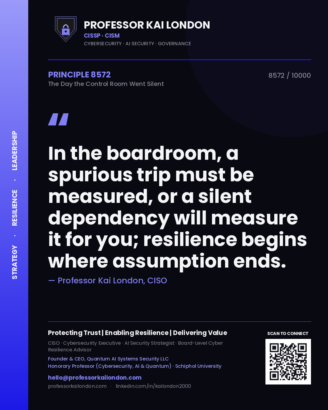 Professor Kai London principle 8572: In the boardroom, a spurious trip must be measured, or a silent dependency will measure it for you; resilience begins where assumption ends.