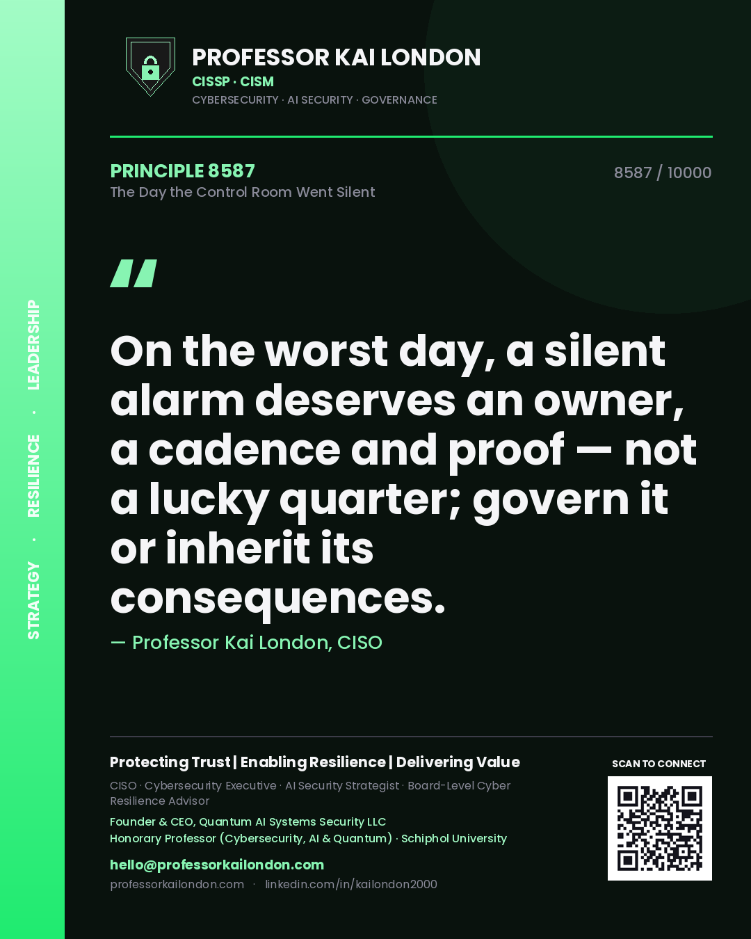 Quote card by Professor Kai London reading 'On the worst day, a silent alarm deserves an owner, a cadence and proof — not a lucky quarter; govern it or inherit its consequences.'. From the book The Day the Control Room Went Silent.