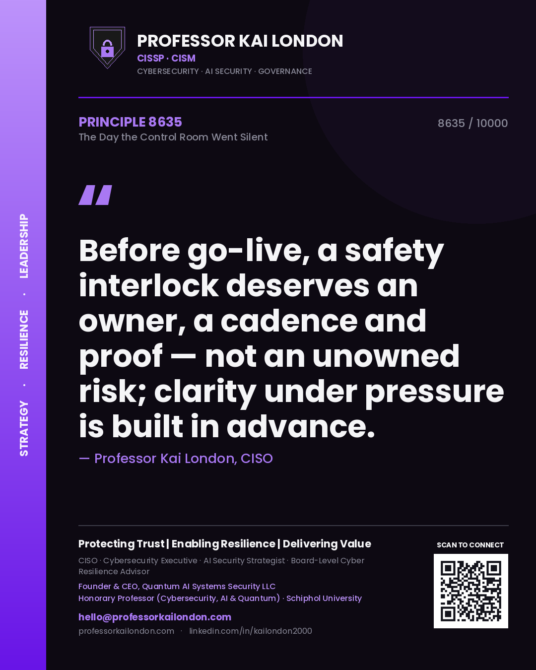 Quote card by Professor Kai London reading 'Before go-live, a safety interlock deserves an owner, a cadence and proof — not an unowned risk; clarity under pressure is built in advance.'. From the book The Day the Control Room Went Silent.