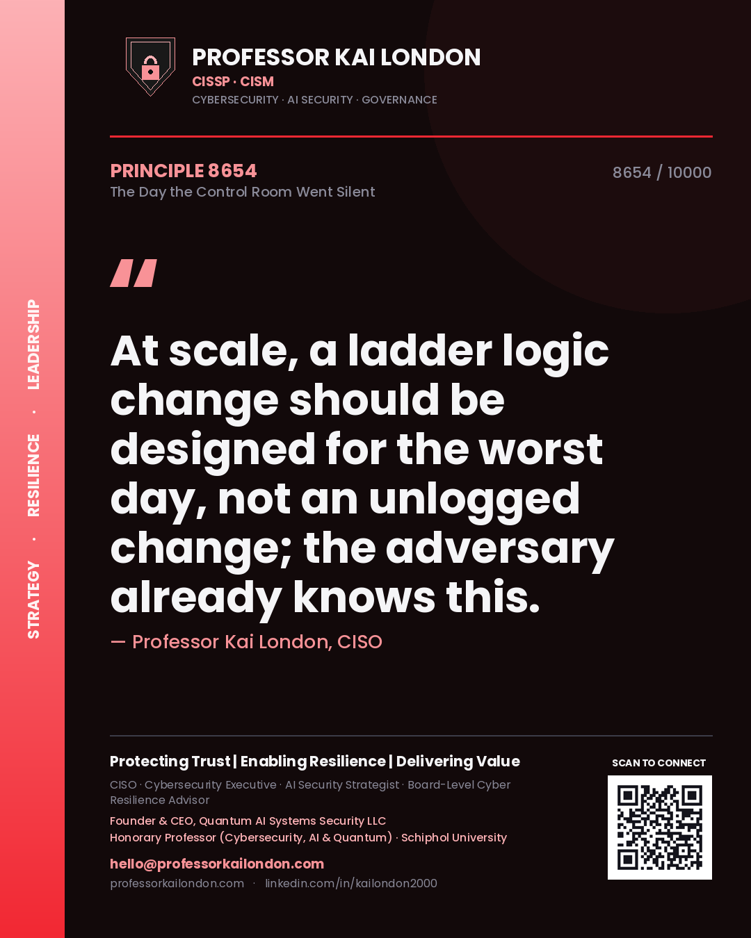 Quote card by Professor Kai London reading 'At scale, a ladder logic change should be designed for the worst day, not an unlogged change; the adversary already knows this.'. From the book The Day the Control Room Went Silent.