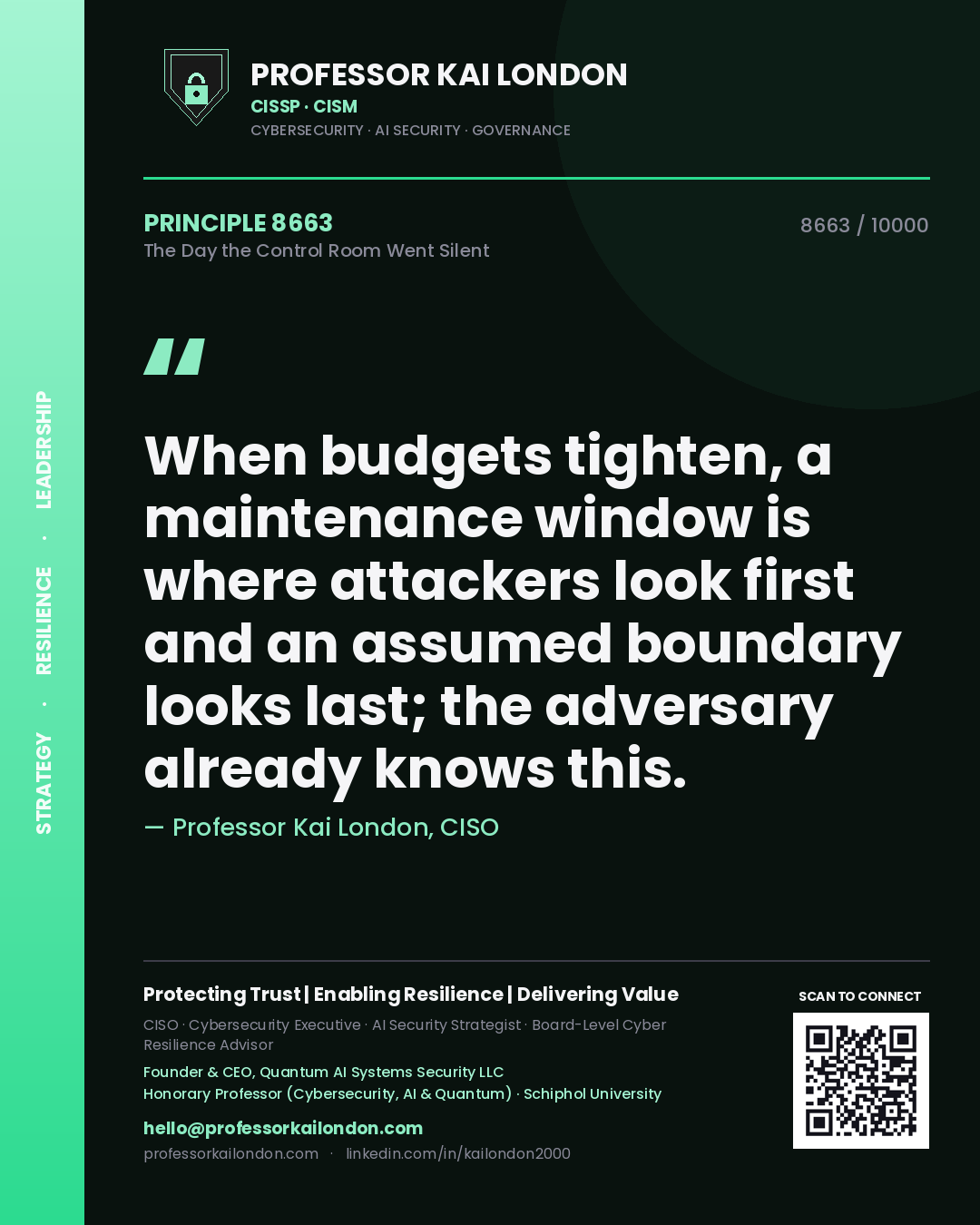 Quote card by Professor Kai London reading 'When budgets tighten, a maintenance window is where attackers look first and an assumed boundary looks last; the adversary already knows this.'. From the book The Day the Control Room Went Silent.