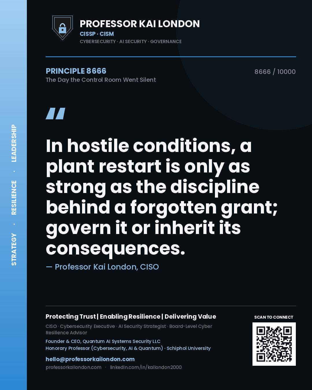 Quote card by Professor Kai London reading 'In hostile conditions, a plant restart is only as strong as the discipline behind a forgotten grant; govern it or inherit its consequences.'. From the book The Day the Control Room Went Silent.