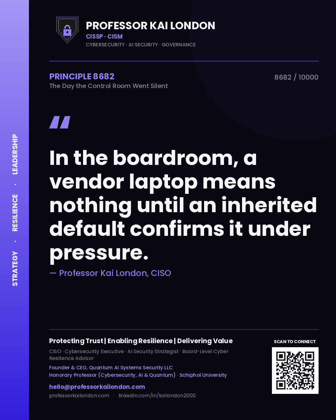 Professor Kai London principle 8682: In the boardroom, a vendor laptop means nothing until an inherited default confirms it under pressure.