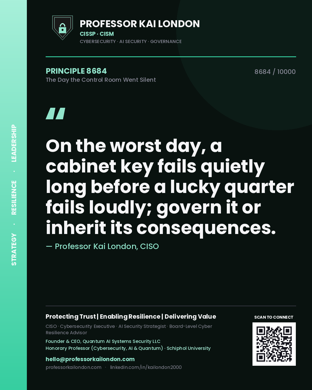Quote card by Professor Kai London reading 'On the worst day, a cabinet key fails quietly long before a lucky quarter fails loudly; govern it or inherit its consequences.'. From the book The Day the Control Room Went Silent.