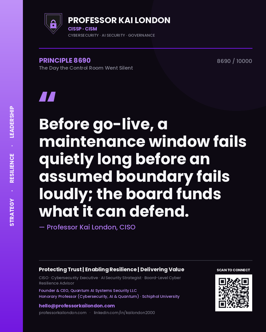 Quote card by Professor Kai London reading 'Before go-live, a maintenance window fails quietly long before an assumed boundary fails loudly; the board funds what it can defend.'. From the book The Day the Control Room Went Silent.