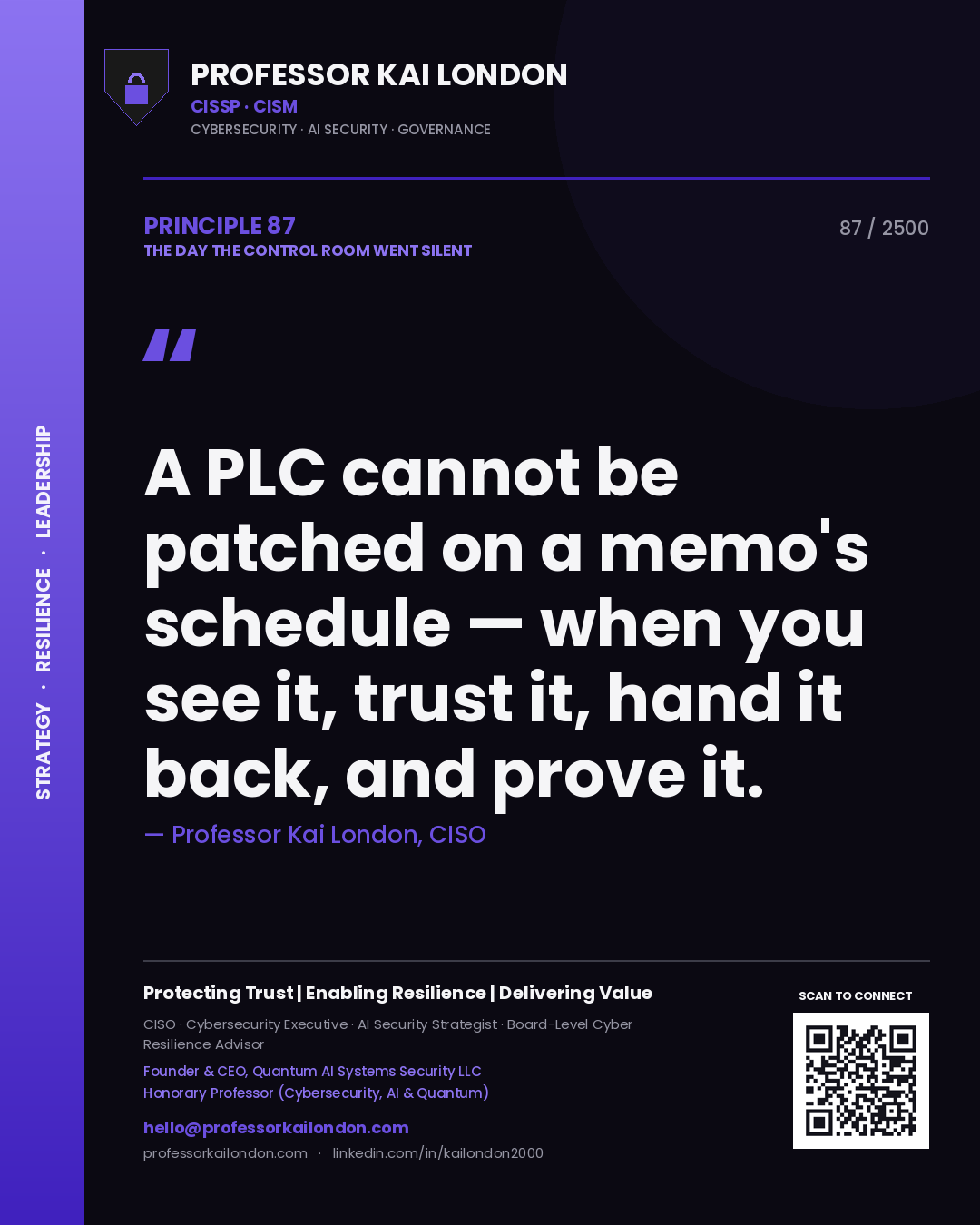 Professor Kai London principle 87: A PLC cannot be patched on a memo's schedule — when you see it, trust it, hand it back, and prove it.