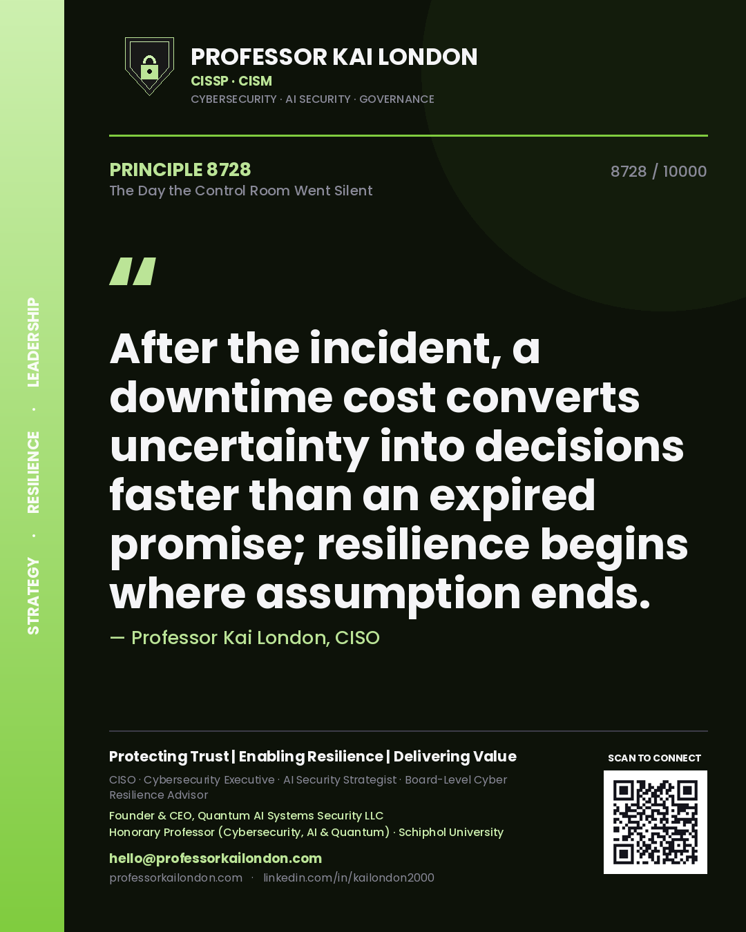 Professor Kai London principle 8728: After the incident, a downtime cost converts uncertainty into decisions faster than an expired promise; resilience begins where assumption ends.