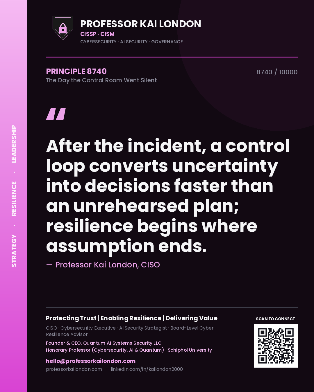 Professor Kai London principle 8740: After the incident, a control loop converts uncertainty into decisions faster than an unrehearsed plan; resilience begins where assumption ends.