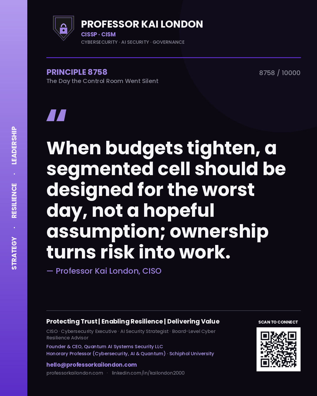 Quote card by Professor Kai London reading 'When budgets tighten, a segmented cell should be designed for the worst day, not a hopeful assumption; ownership turns risk into work.'. From the book The Day the Control Room Went Silent.