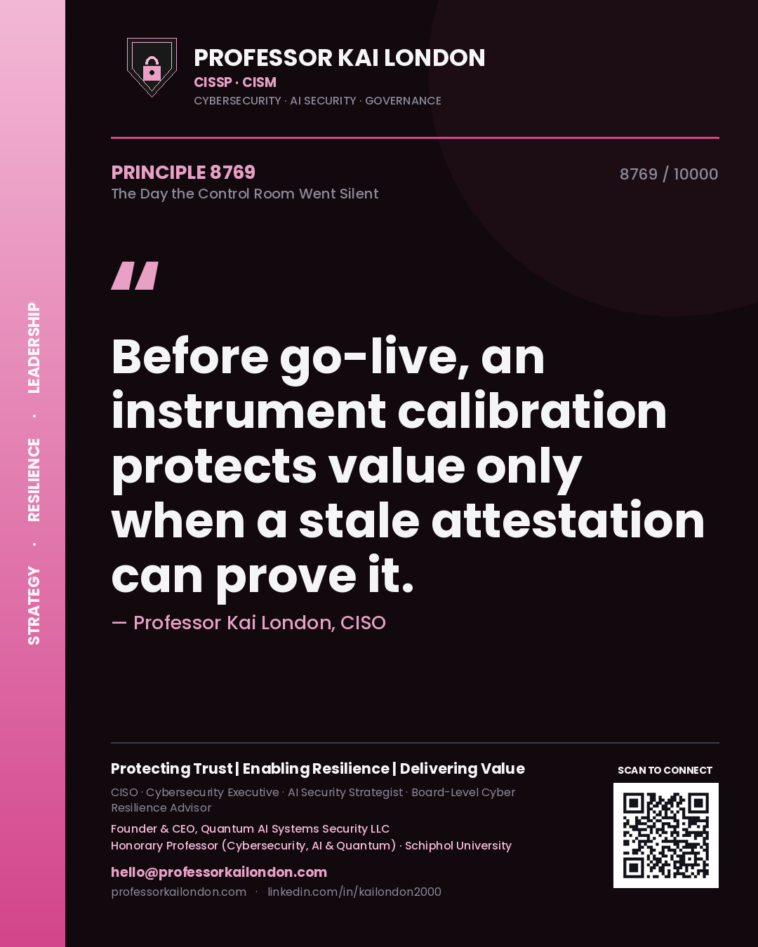 Professor Kai London principle 8769: Before go-live, an instrument calibration protects value only when a stale attestation can prove it.