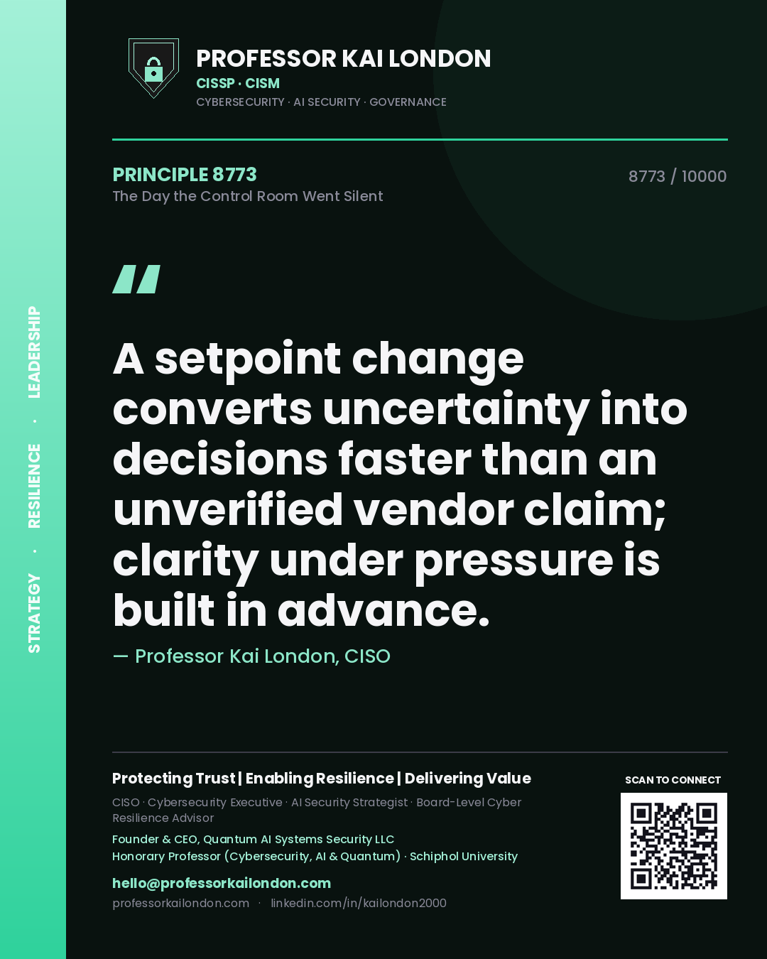 Quote card by Professor Kai London reading 'A setpoint change converts uncertainty into decisions faster than an unverified vendor claim; clarity under pressure is built in advance.'. From the book The Day the Control Room Went Silent.