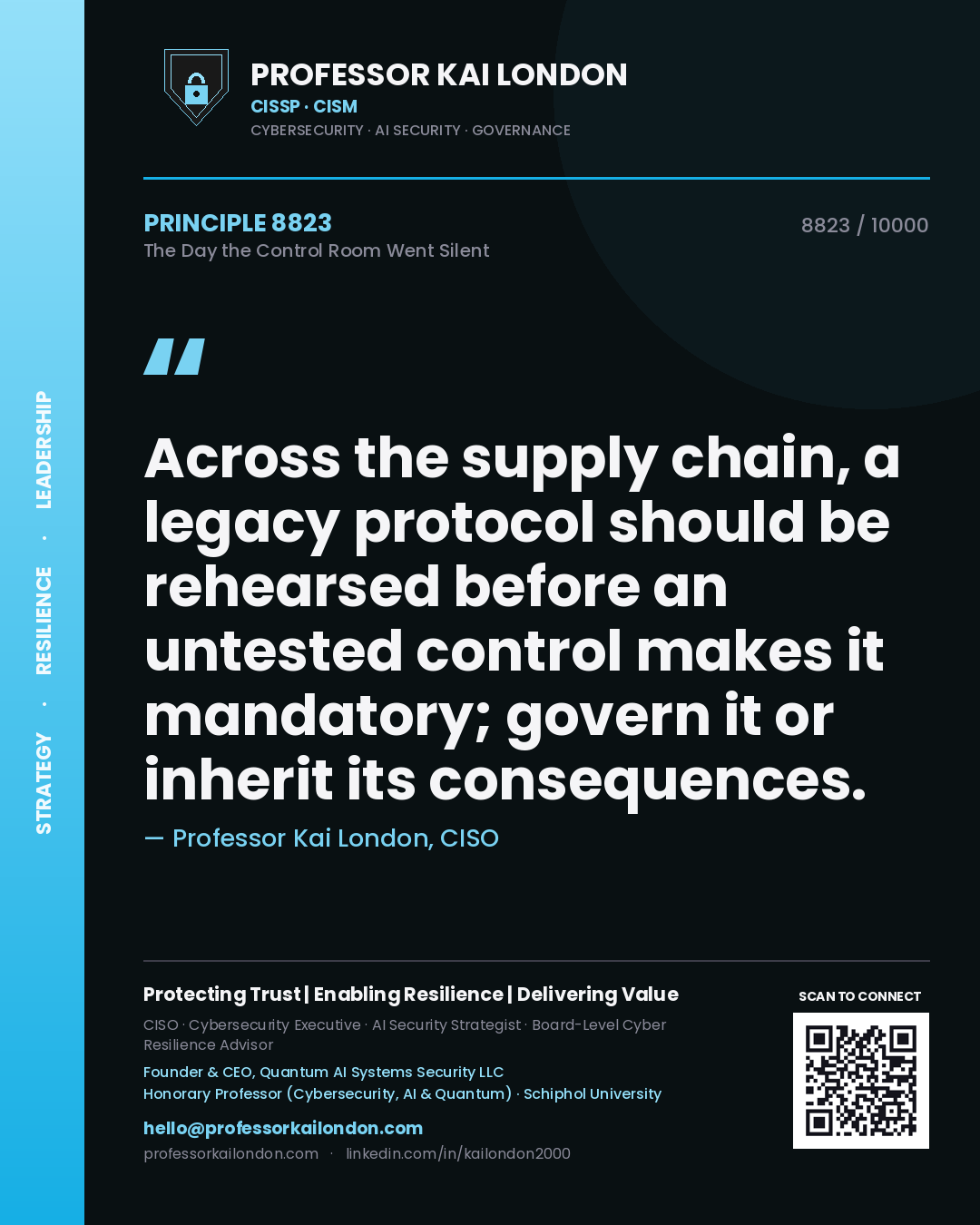 Quote card by Professor Kai London reading 'Across the supply chain, a legacy protocol should be rehearsed before an untested control makes it mandatory; govern it or inherit its consequences.'. From the book The Day the Control Room Went Silent.