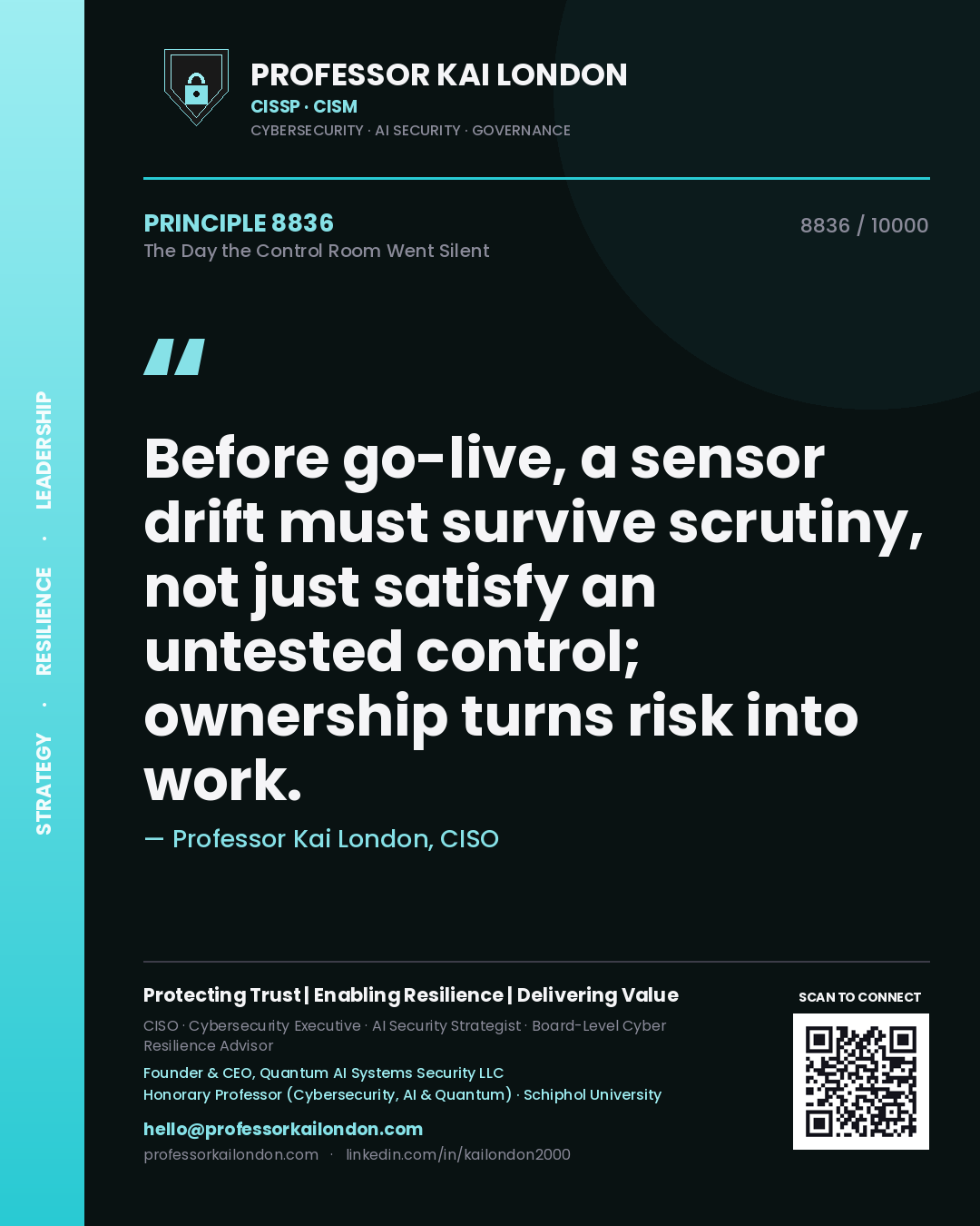 Quote card by Professor Kai London reading 'Before go-live, a sensor drift must survive scrutiny, not just satisfy an untested control; ownership turns risk into work.'. From the book The Day the Control Room Went Silent.