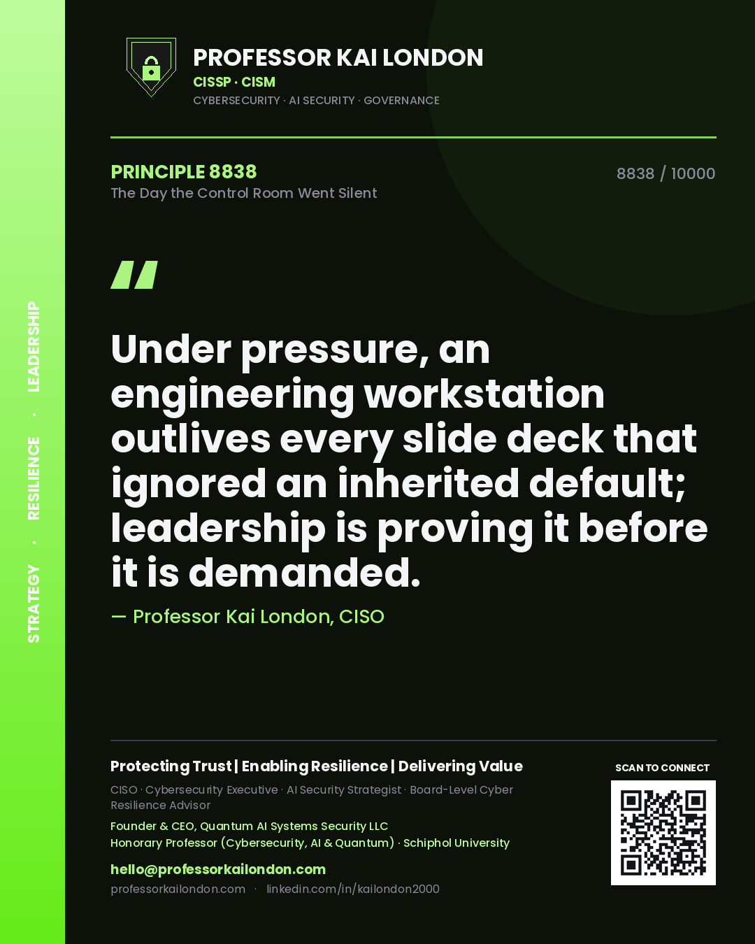 Professor Kai London principle 8838: Under pressure, an engineering workstation outlives every slide deck that ignored an inherited default; leadership is proving it before it is demanded.