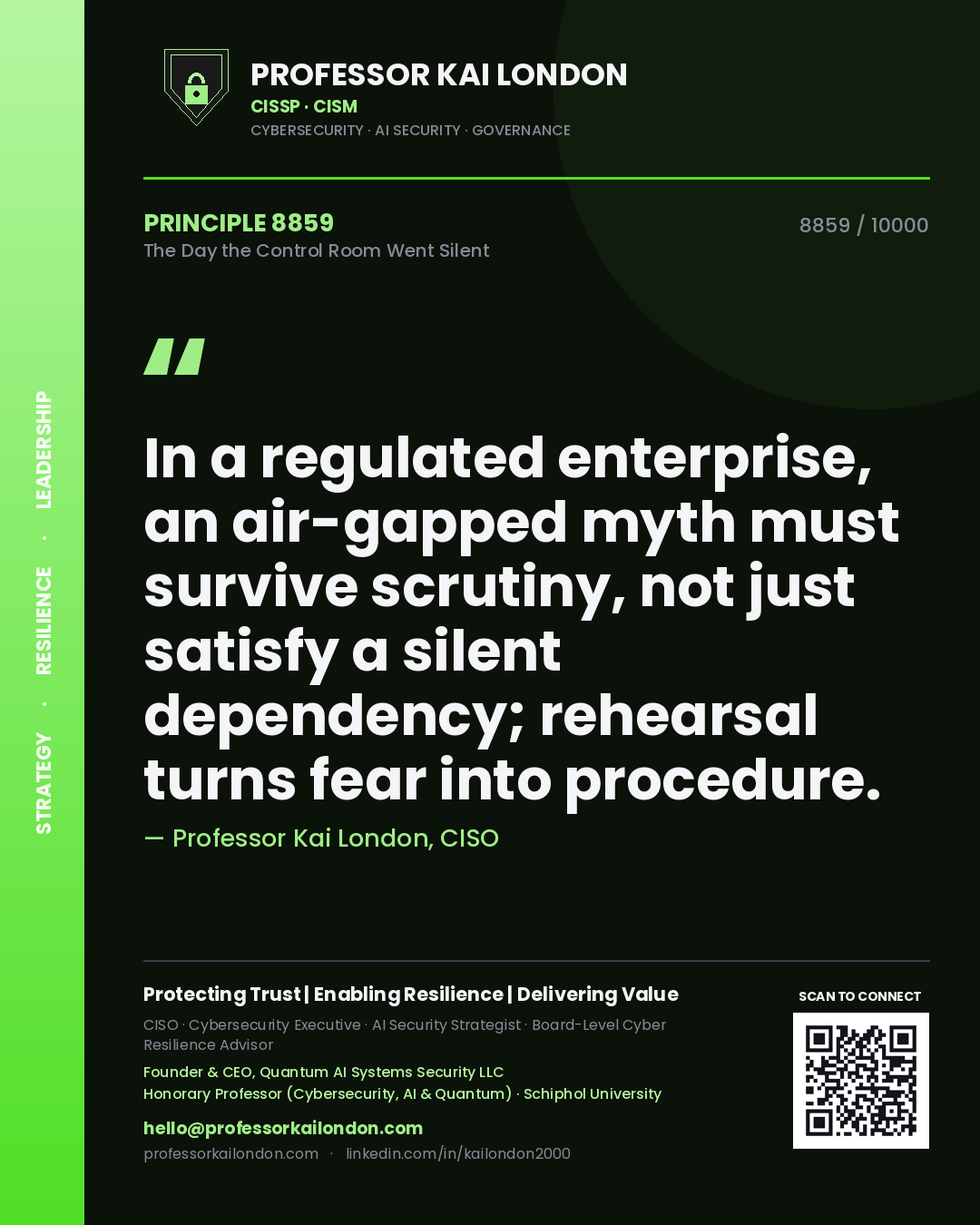 Quote card by Professor Kai London reading 'In a regulated enterprise, an air-gapped myth must survive scrutiny, not just satisfy a silent dependency; rehearsal turns fear into procedure.'. From the book The Day the Control Room Went Silent.