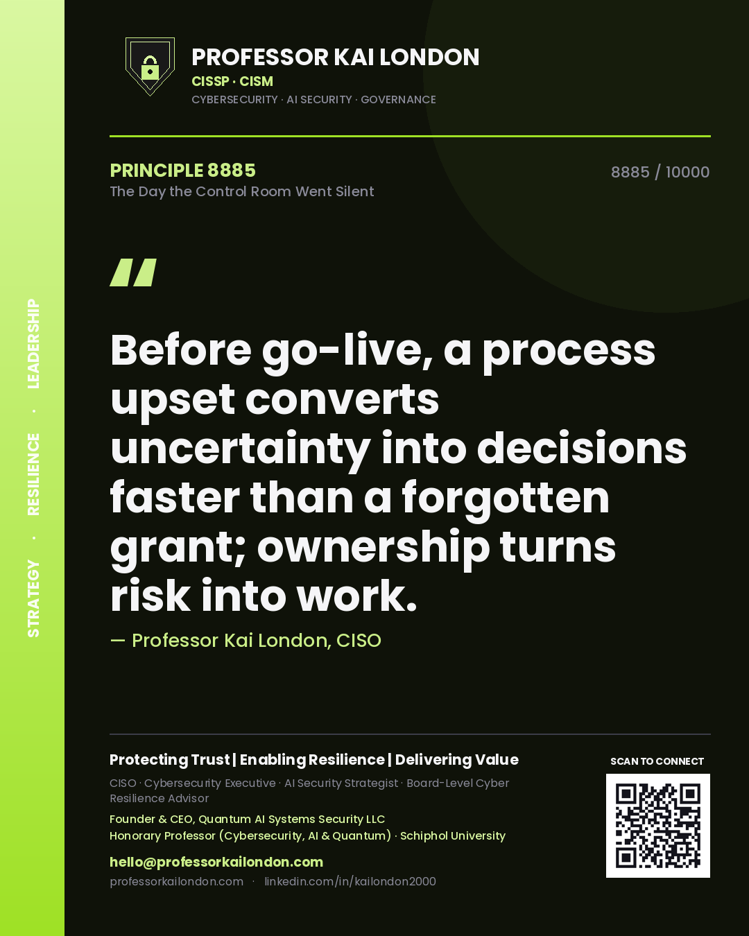 Professor Kai London principle 8885: Before go-live, a process upset converts uncertainty into decisions faster than a forgotten grant; ownership turns risk into work.