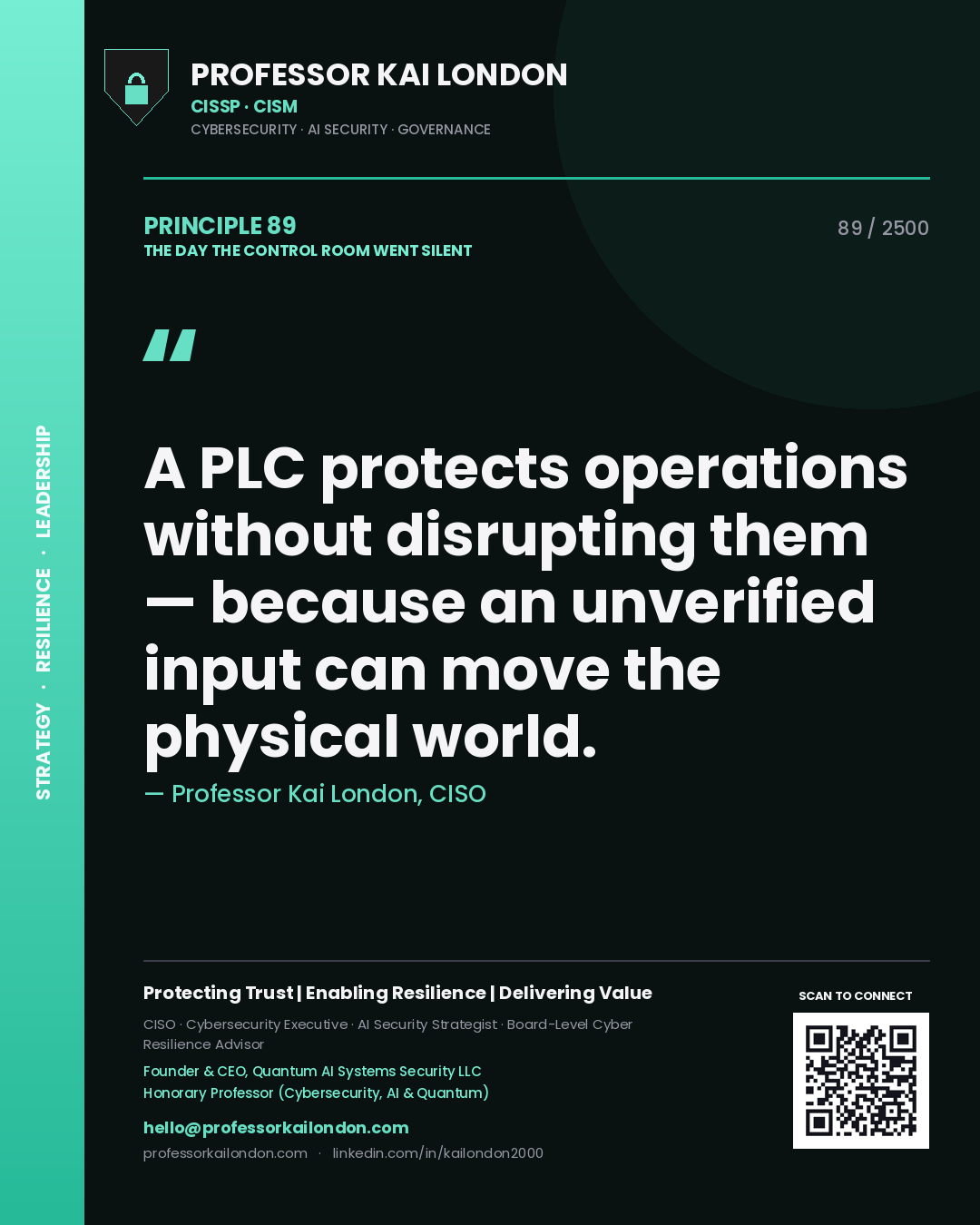 Professor Kai London principle 89: A PLC protects operations without disrupting them — because an unverified input can move the physical world.
