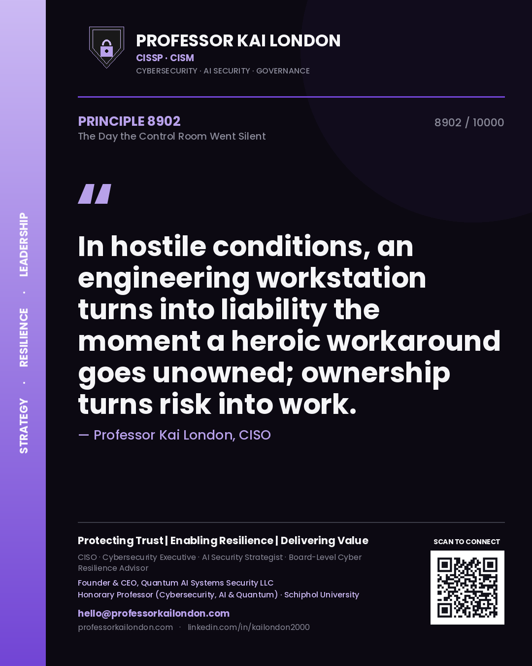Professor Kai London principle 8902: In hostile conditions, an engineering workstation turns into liability the moment a heroic workaround goes unowned; ownership turns risk into work.