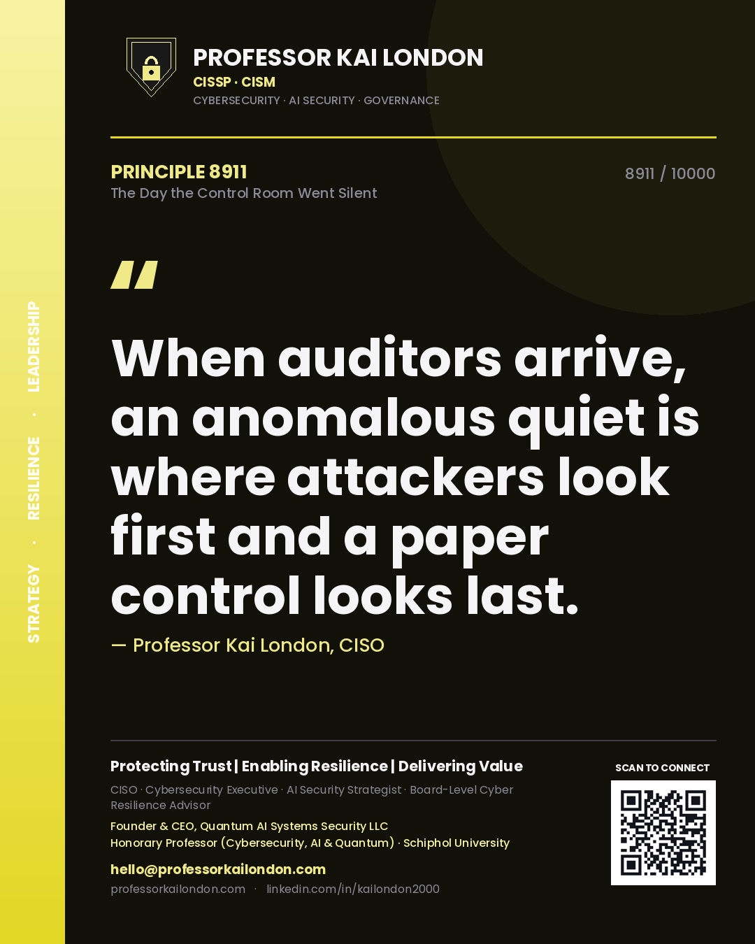 Quote card by Professor Kai London reading 'When auditors arrive, an anomalous quiet is where attackers look first and a paper control looks last.'. From the book The Day the Control Room Went Silent.