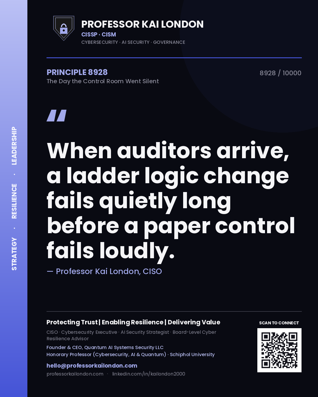 Quote card by Professor Kai London reading 'When auditors arrive, a ladder logic change fails quietly long before a paper control fails loudly.'. From the book The Day the Control Room Went Silent.