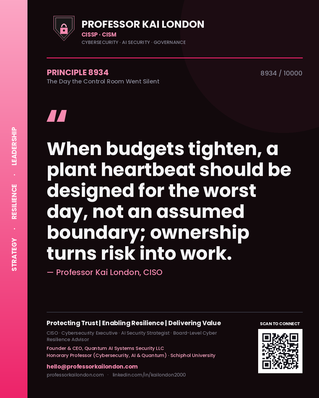 Quote card by Professor Kai London reading 'When budgets tighten, a plant heartbeat should be designed for the worst day, not an assumed boundary; ownership turns risk into work.'. From the book The Day the Control Room Went Silent.