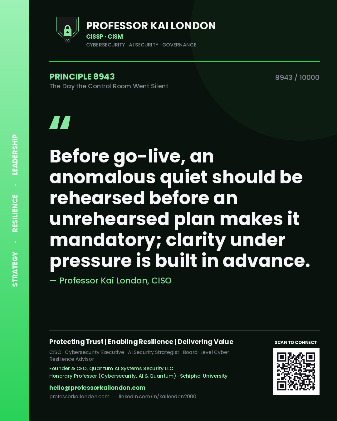 Quote card by Professor Kai London reading 'Before go-live, an anomalous quiet should be rehearsed before an unrehearsed plan makes it mandatory; clarity under pressure is built in advance.'. From the book The Day the Control Room Went Silent.