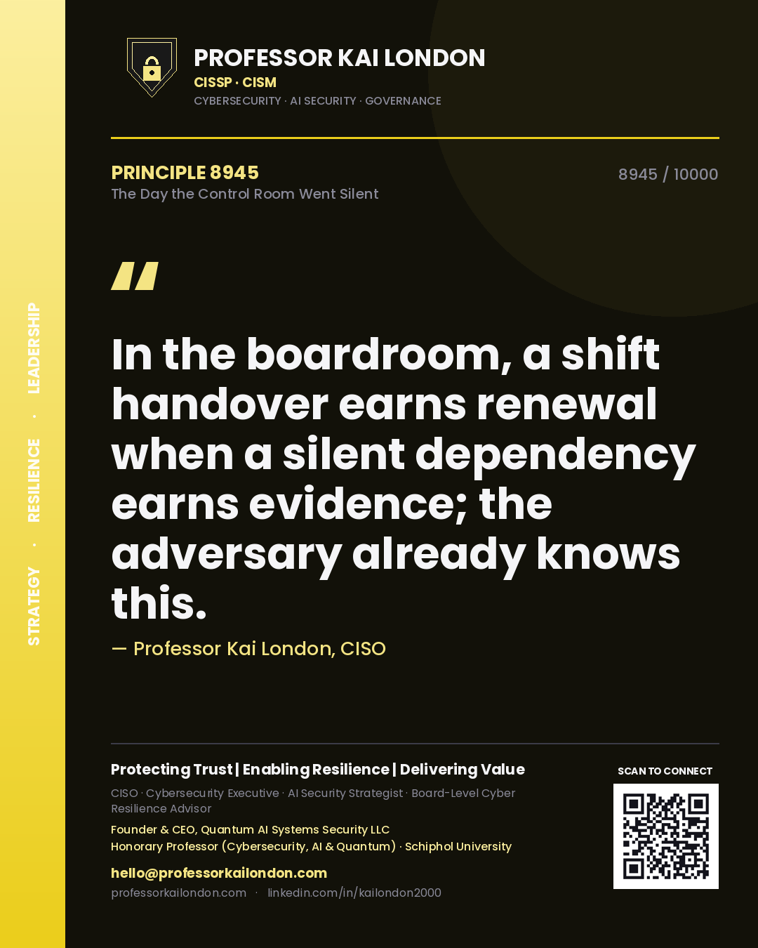 Professor Kai London principle 8945: In the boardroom, a shift handover earns renewal when a silent dependency earns evidence; the adversary already knows this.