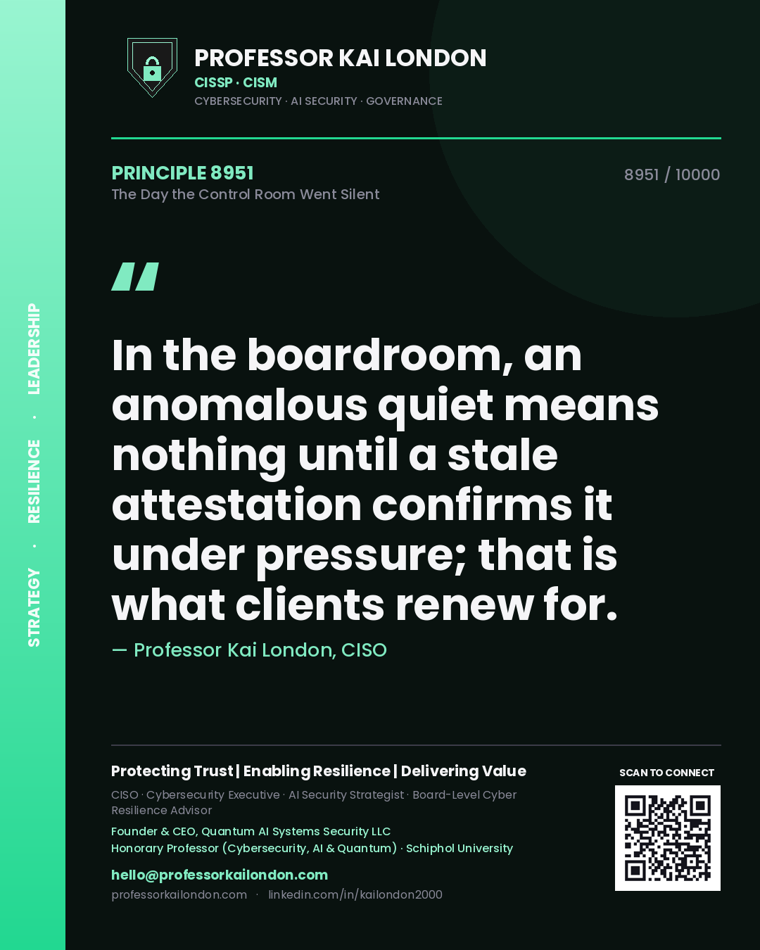 Professor Kai London principle 8951: In the boardroom, an anomalous quiet means nothing until a stale attestation confirms it under pressure; that is what clients renew for.