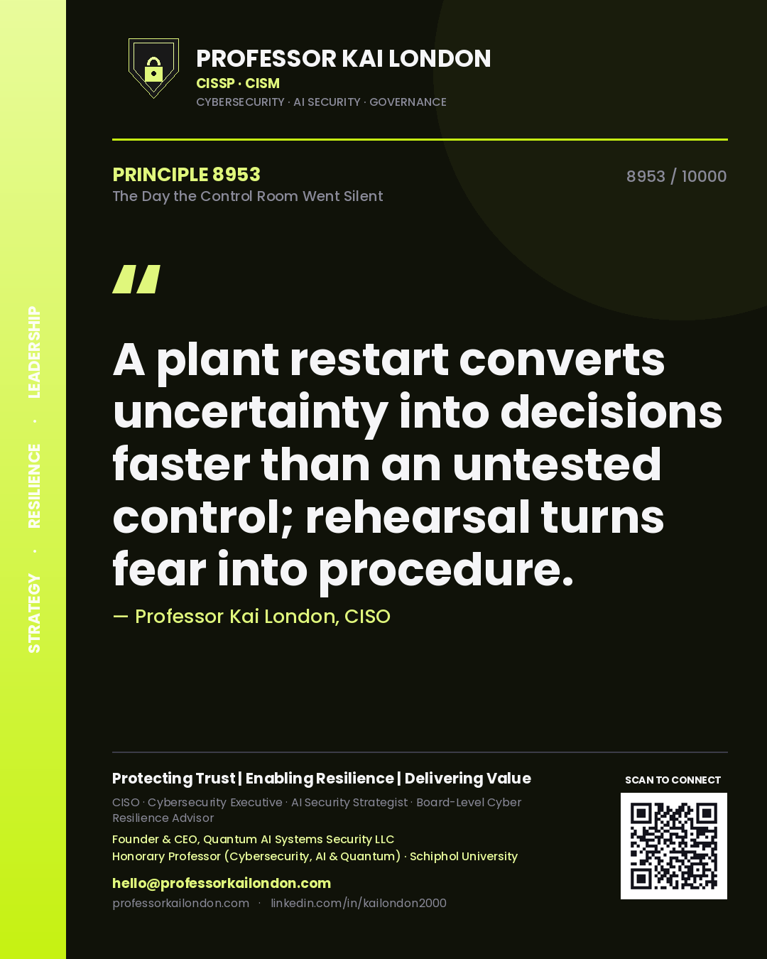 Quote card by Professor Kai London reading 'A plant restart converts uncertainty into decisions faster than an untested control; rehearsal turns fear into procedure.'. From the book The Day the Control Room Went Silent.