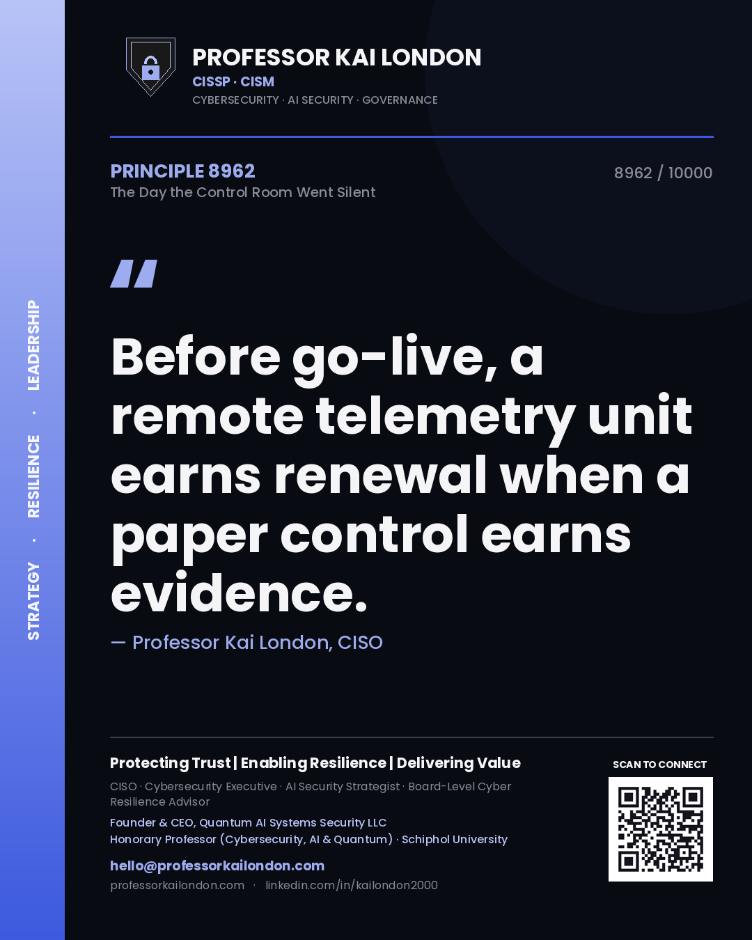 Professor Kai London principle 8962: Before go-live, a remote telemetry unit earns renewal when a paper control earns evidence.