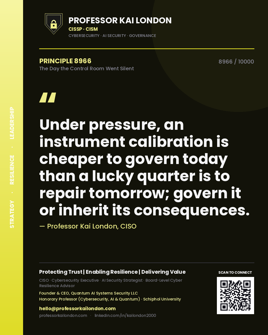 Quote card by Professor Kai London reading 'Under pressure, an instrument calibration is cheaper to govern today than a lucky quarter is to repair tomorrow; govern it or inherit its consequences.'. From the book The Day the Control Room Went Silent.