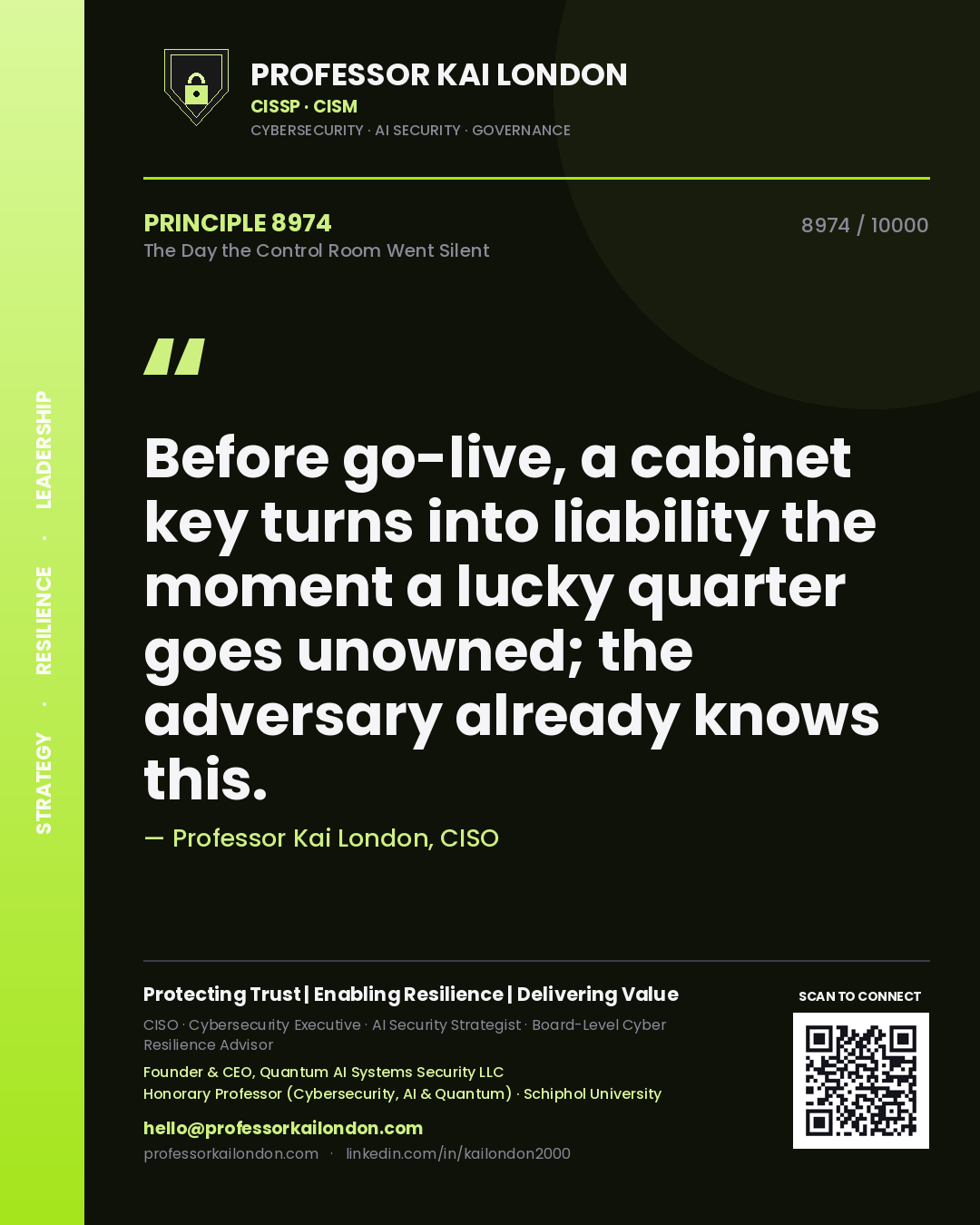 Professor Kai London principle 8974: Before go-live, a cabinet key turns into liability the moment a lucky quarter goes unowned; the adversary already knows this.
