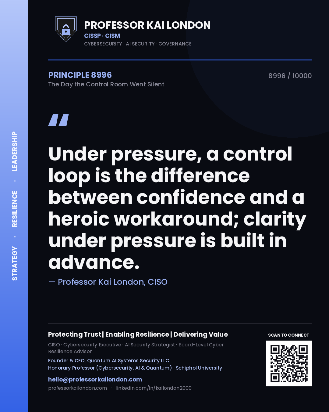 Quote card by Professor Kai London reading 'Under pressure, a control loop is the difference between confidence and a heroic workaround; clarity under pressure is built in advance.'. From the book The Day the Control Room Went Silent.