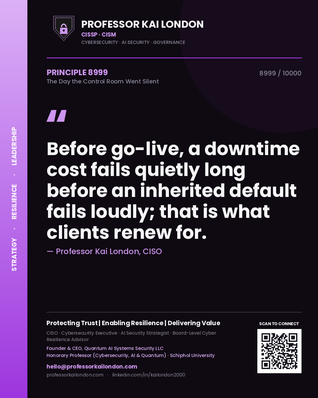Quote card by Professor Kai London reading 'Before go-live, a downtime cost fails quietly long before an inherited default fails loudly; that is what clients renew for.'. From the book The Day the Control Room Went Silent.