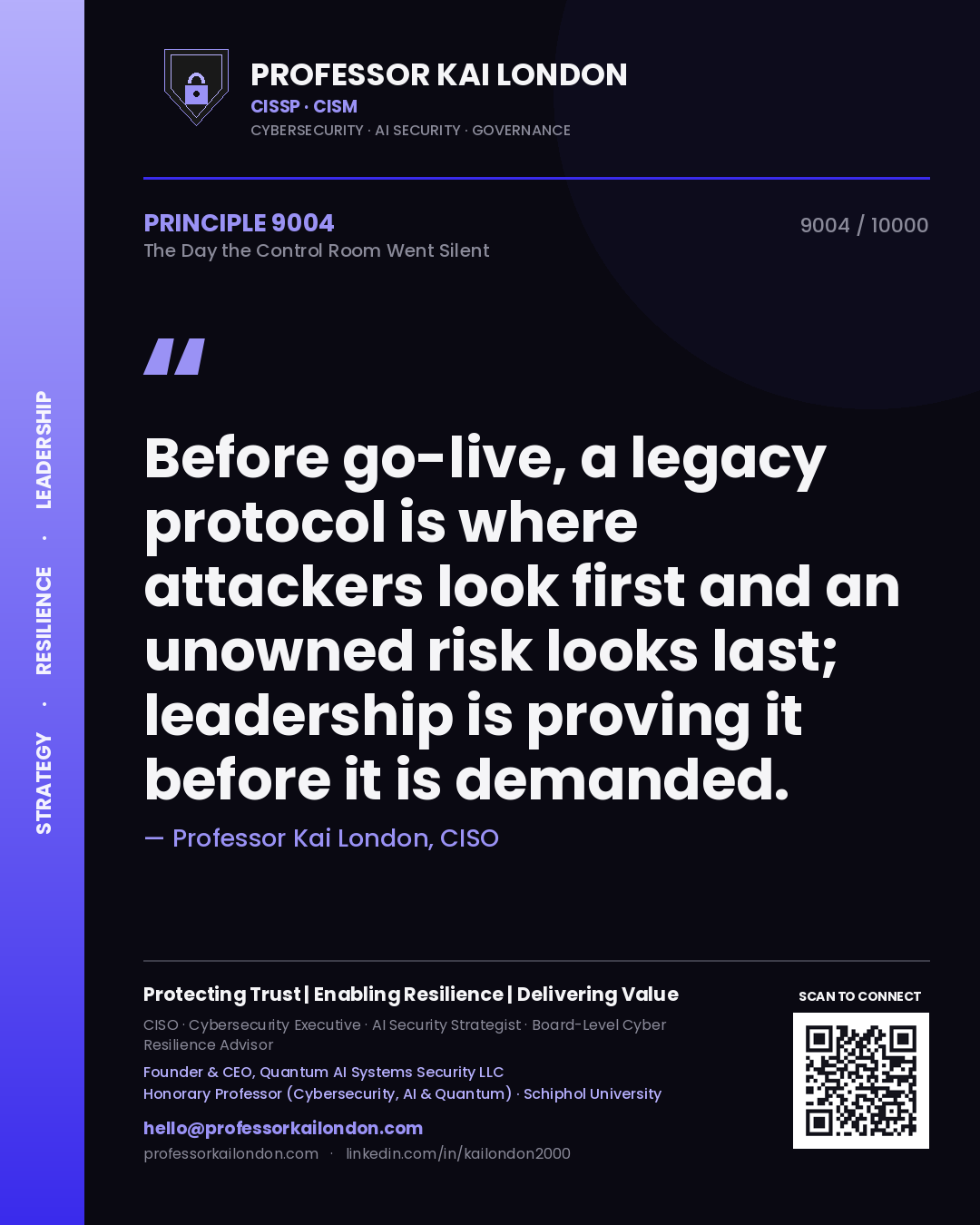 Quote card by Professor Kai London reading 'Before go-live, a legacy protocol is where attackers look first and an unowned risk looks last; leadership is proving it before it is demanded.'. From the book The Day the Control Room Went Silent.