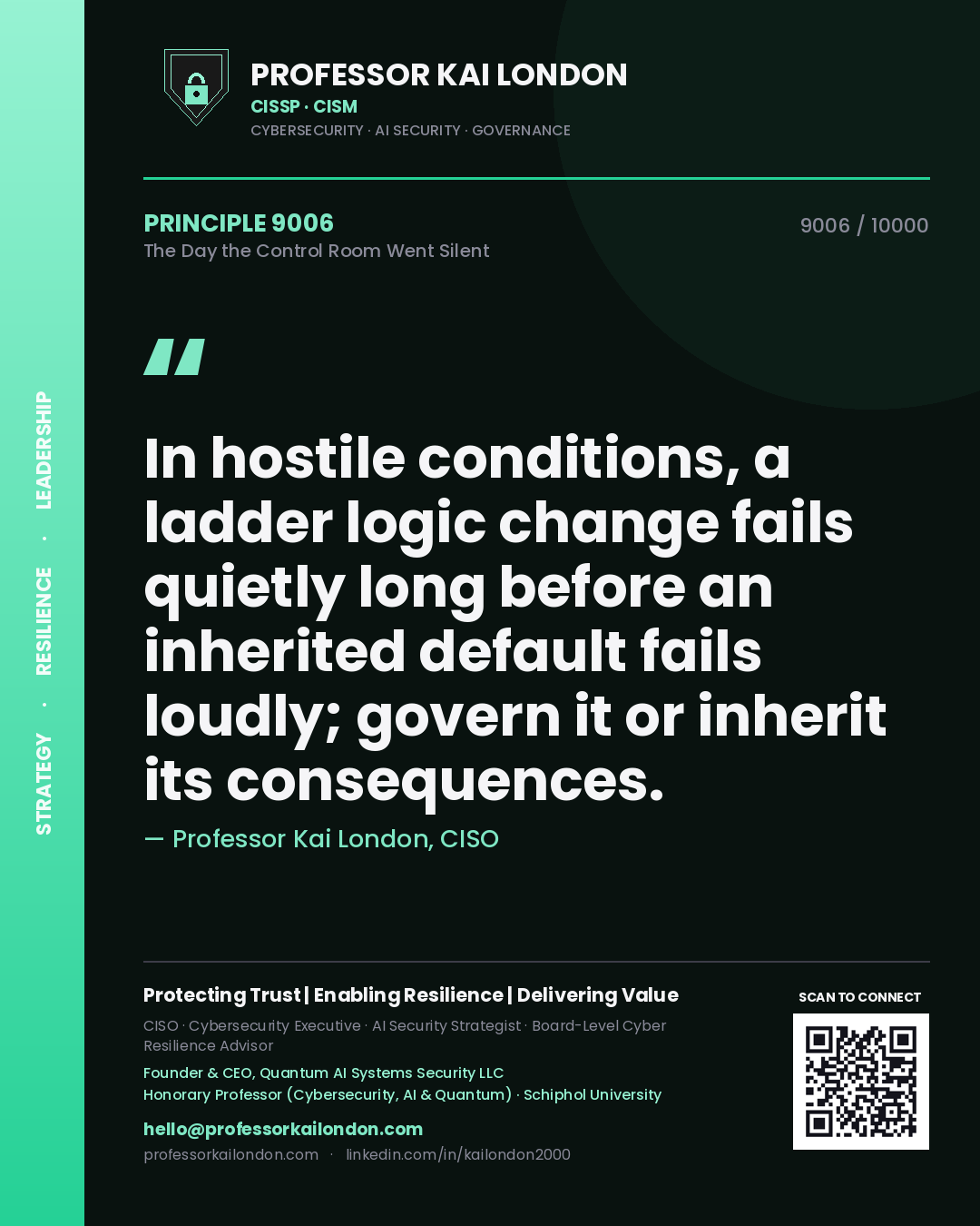 Quote card by Professor Kai London reading 'In hostile conditions, a ladder logic change fails quietly long before an inherited default fails loudly; govern it or inherit its consequences.'. From the book The Day the Control Room Went Silent.