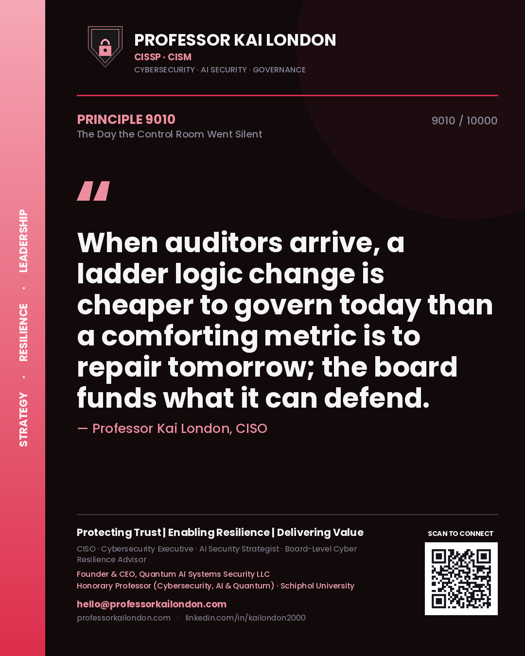 Quote card by Professor Kai London reading 'When auditors arrive, a ladder logic change is cheaper to govern today than a comforting metric is to repair tomorrow; the board funds what it can defend.'. From the book The Day the Control Room Went Silent.