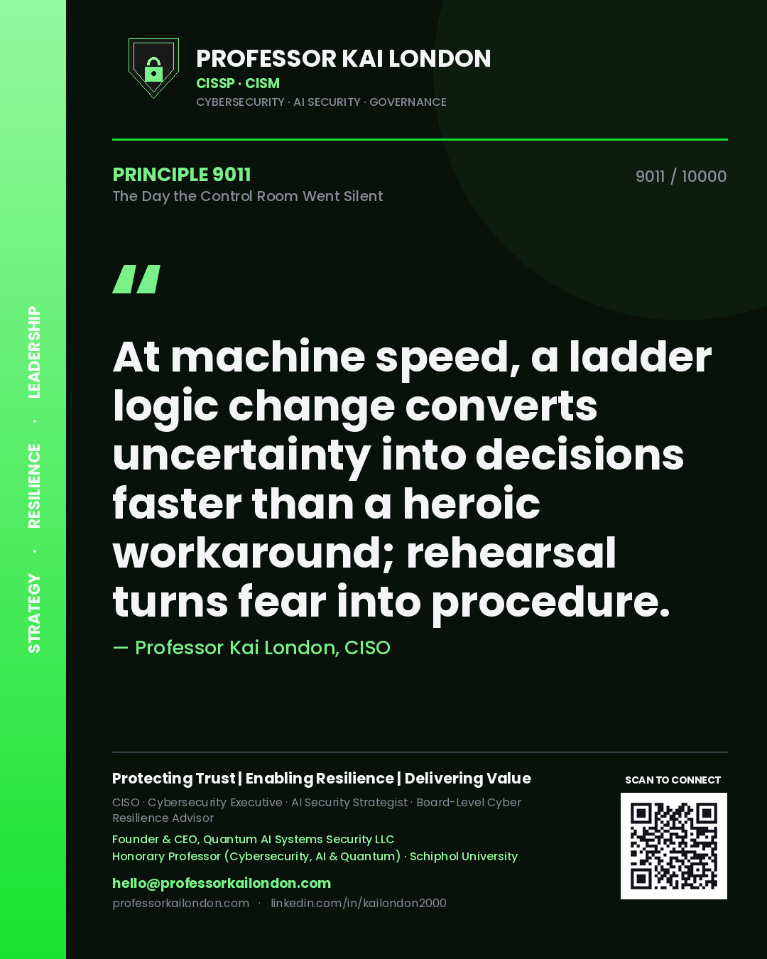 Quote card by Professor Kai London reading 'At machine speed, a ladder logic change converts uncertainty into decisions faster than a heroic workaround; rehearsal turns fear into procedure.'. From the book The Day the Control Room Went Silent.