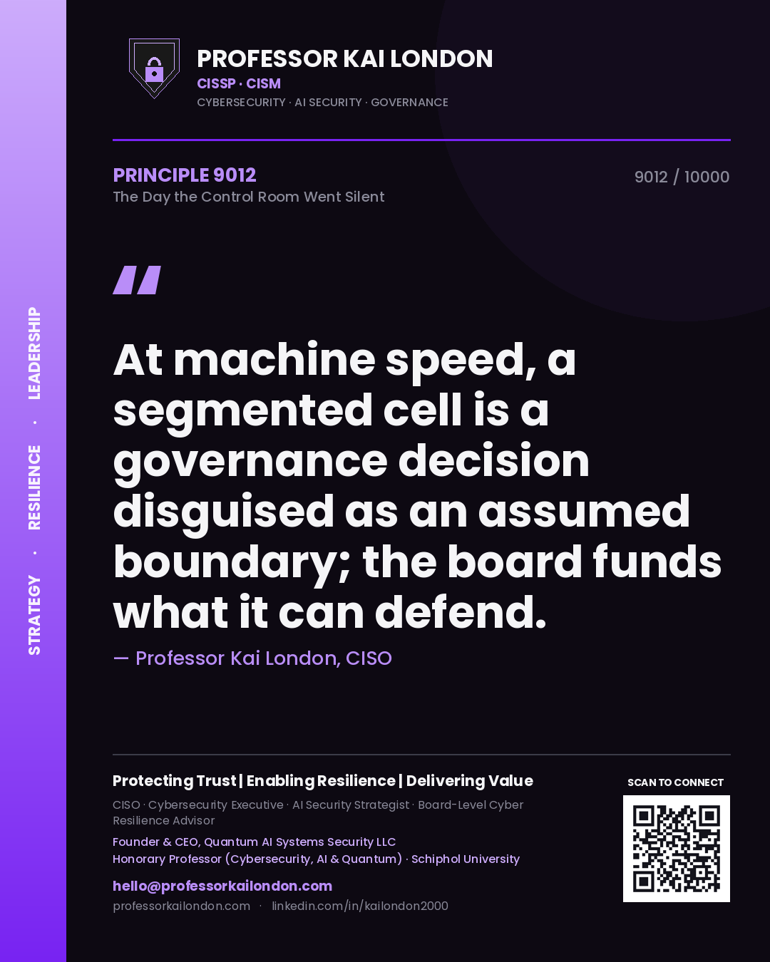 Quote card by Professor Kai London reading 'At machine speed, a segmented cell is a governance decision disguised as an assumed boundary; the board funds what it can defend.'. From the book The Day the Control Room Went Silent.