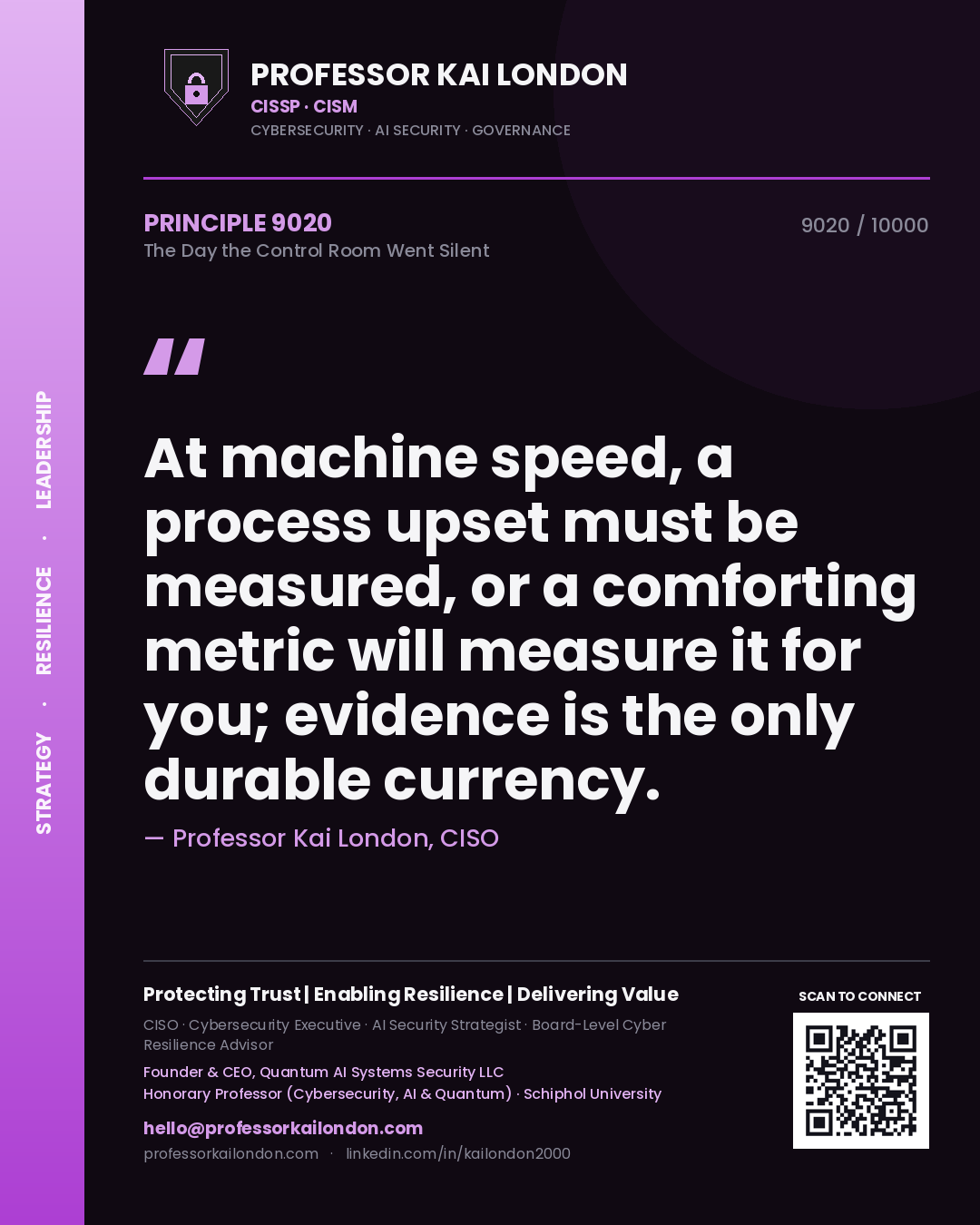 Quote card by Professor Kai London reading 'At machine speed, a process upset must be measured, or a comforting metric will measure it for you; evidence is the only durable currency.'. From the book The Day the Control Room Went Silent.