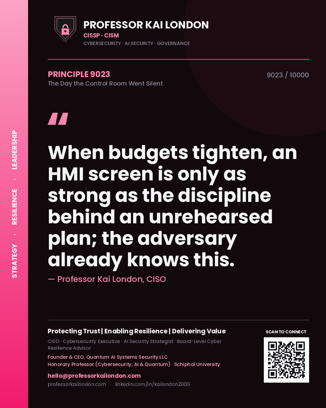 Quote card by Professor Kai London reading 'When budgets tighten, an HMI screen is only as strong as the discipline behind an unrehearsed plan; the adversary already knows this.'. From the book The Day the Control Room Went Silent.