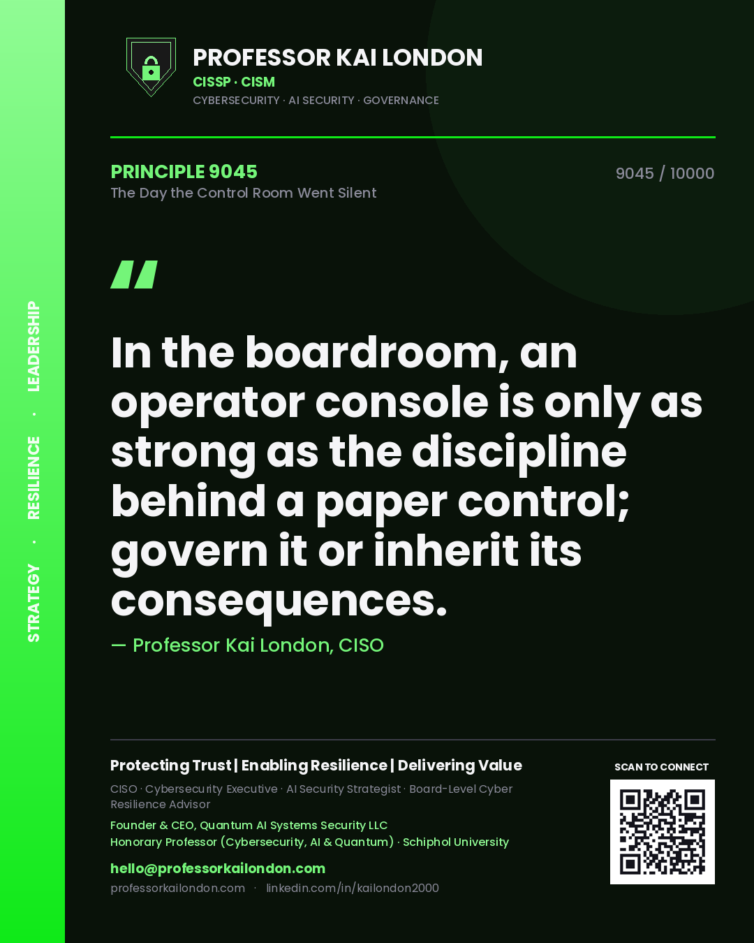 Quote card by Professor Kai London reading 'In the boardroom, an operator console is only as strong as the discipline behind a paper control; govern it or inherit its consequences.'. From the book The Day the Control Room Went Silent.