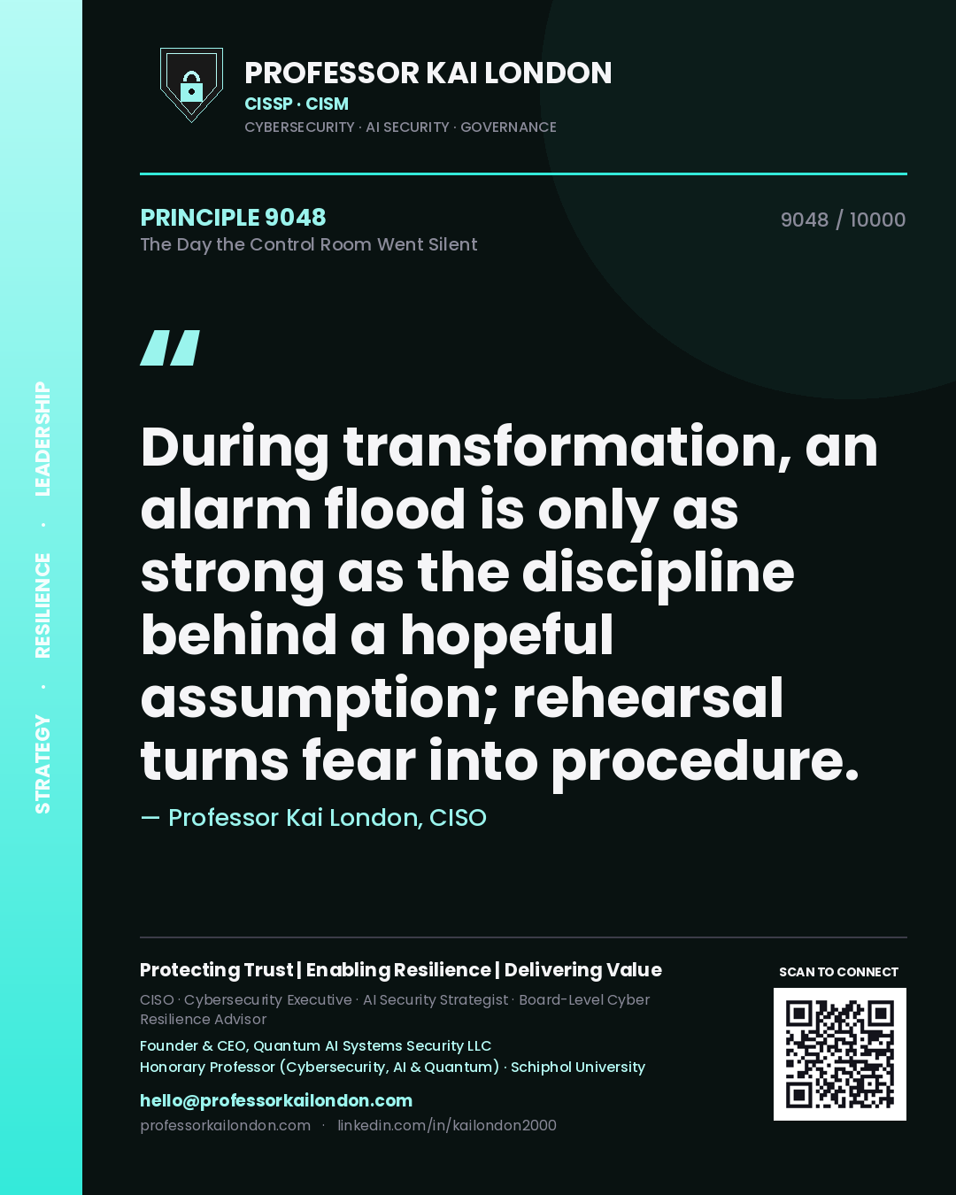Quote card by Professor Kai London reading 'During transformation, an alarm flood is only as strong as the discipline behind a hopeful assumption; rehearsal turns fear into procedure.'. From the book The Day the Control Room Went Silent.