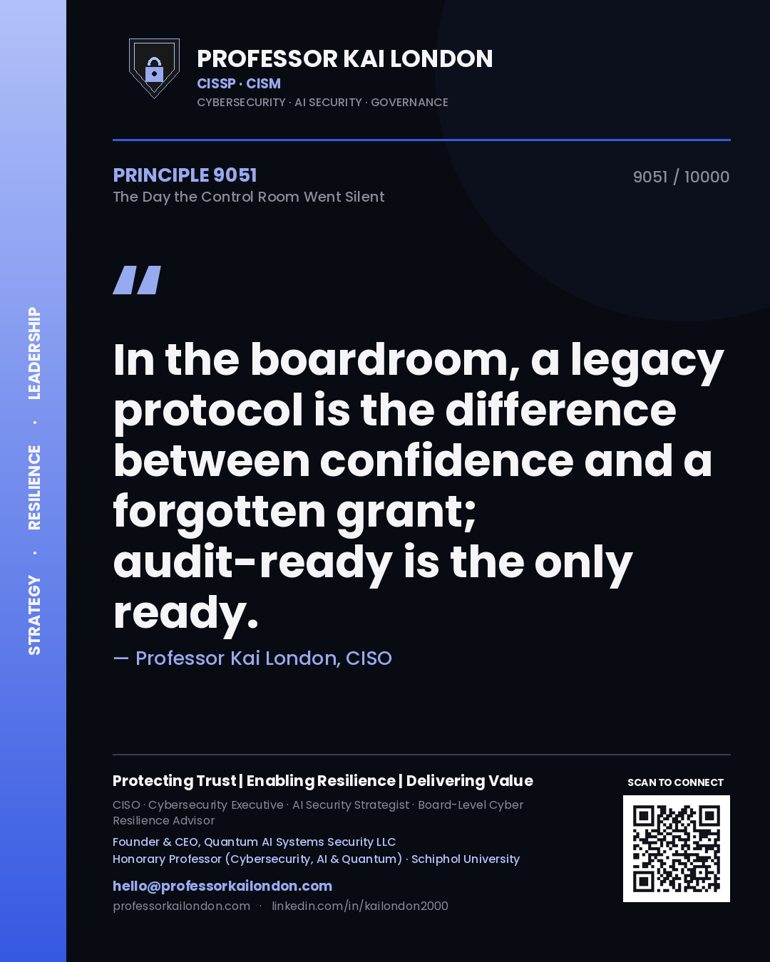 Quote card by Professor Kai London reading 'In the boardroom, a legacy protocol is the difference between confidence and a forgotten grant; audit-ready is the only ready.'. From the book The Day the Control Room Went Silent.