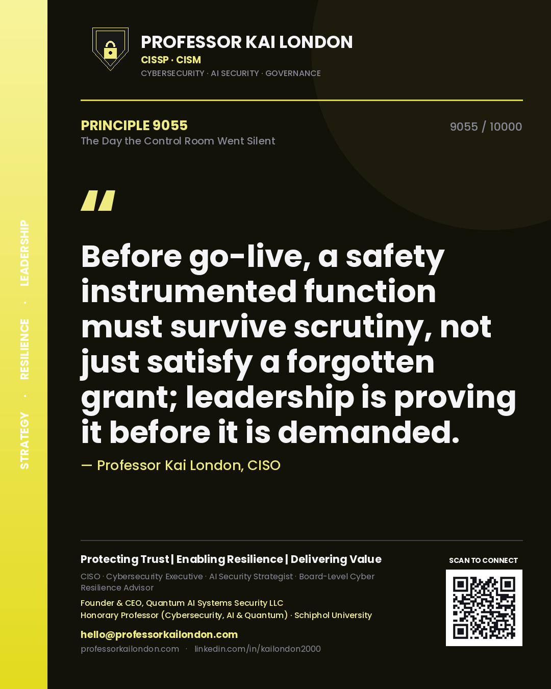 Quote card by Professor Kai London reading 'Before go-live, a safety instrumented function must survive scrutiny, not just satisfy a forgotten grant; leadership is proving it before it is demanded.'. From the book The Day the Control Room Went Silent.