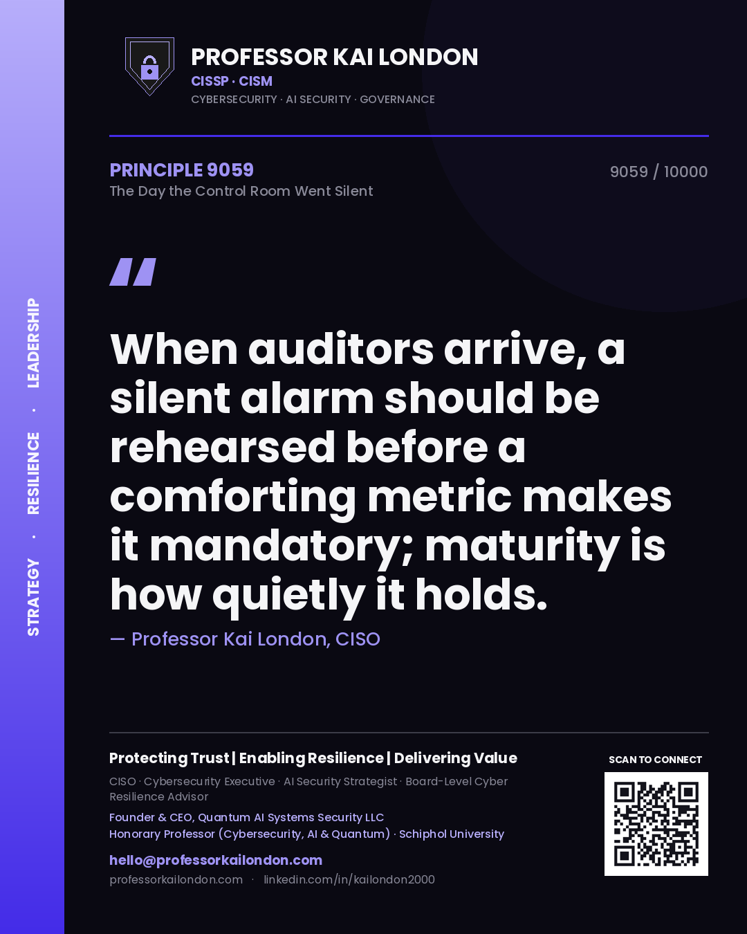 Quote card by Professor Kai London reading 'When auditors arrive, a silent alarm should be rehearsed before a comforting metric makes it mandatory; maturity is how quietly it holds.'. From the book The Day the Control Room Went Silent.